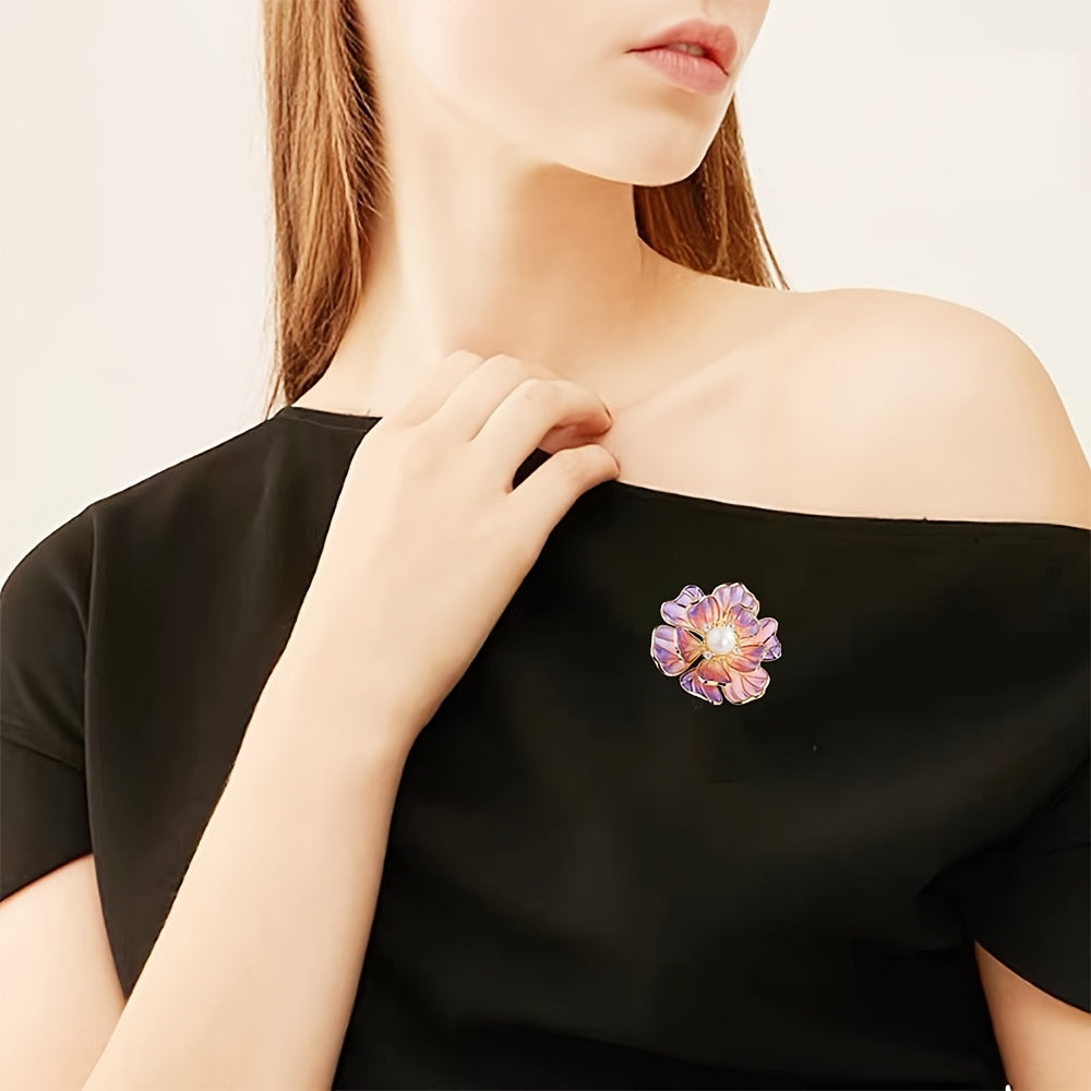 Enamel Flower Brooch with Rhinestones and Purple Faux Pearl Vintage Style for Dresses and Suits
