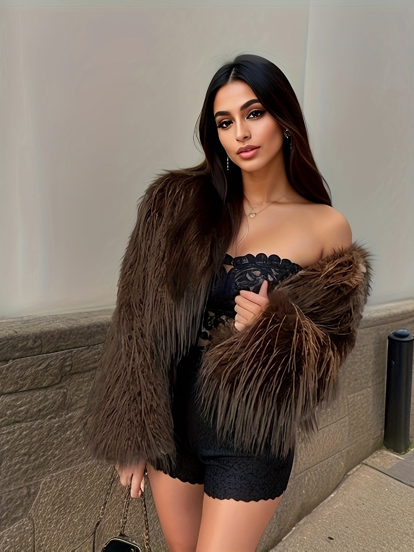 Women's Faux Fur Short Coat Solid Color Long Sleeve Fall Winter Elegant Polyester