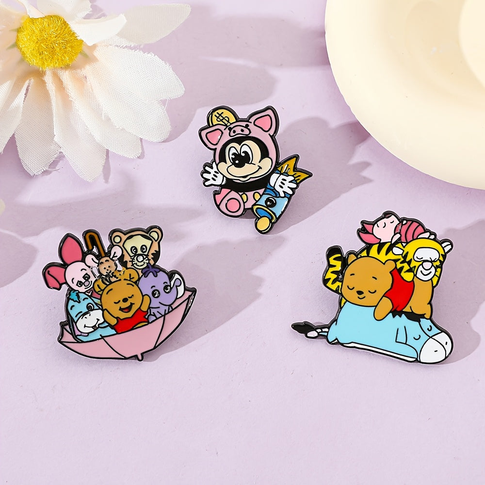 Set of 3 Cartoon Animal Enamel Brooch Pins Alloy Metal Irregular Shape for Clothing and Backpacks