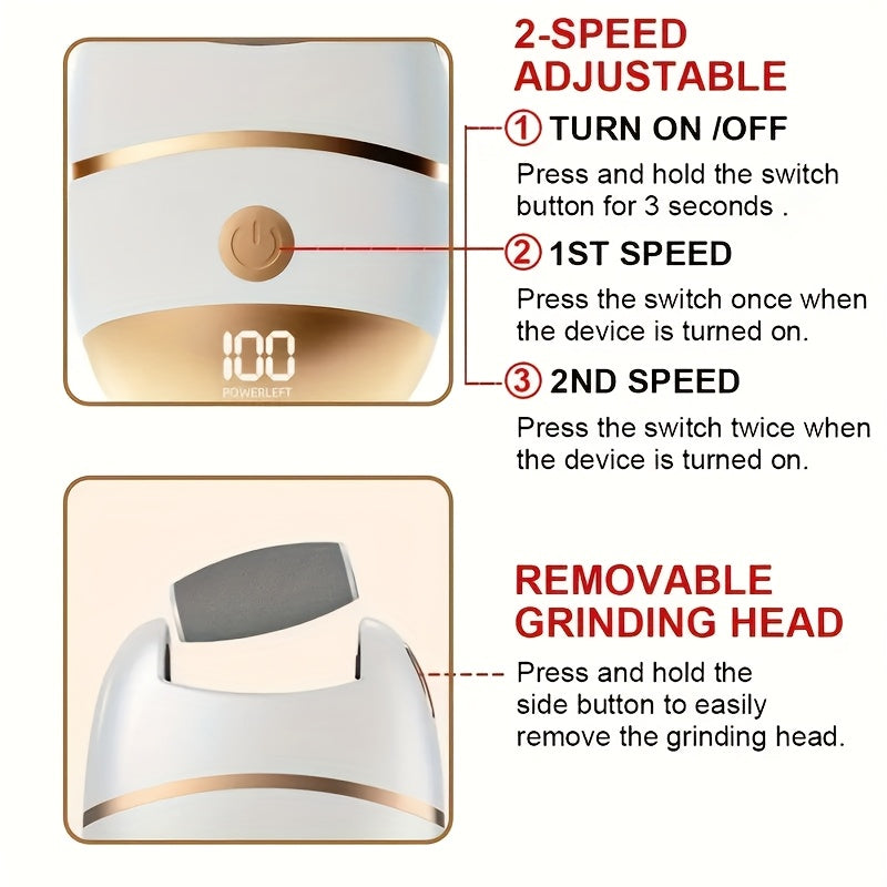 Electric Foot Grinder with 4 Replacement Heads Dual Speeds LED Display USB Charging