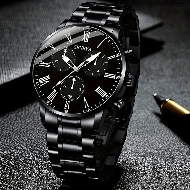 Men's Stainless Steel Business Watch Set with Quartz Dial Necklace Bracelet Ring