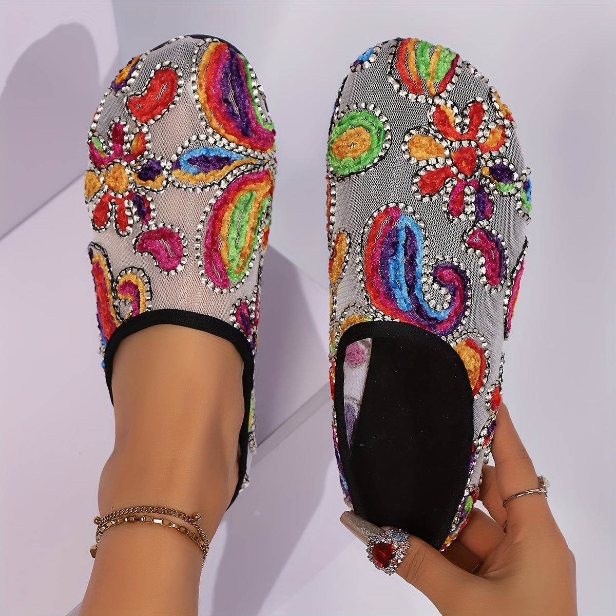 Women’s Breathable Fabric Mules Flat Heel Casual Shoes With Floral Pattern