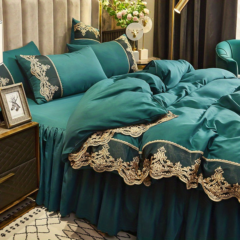 Green Lace Bedding Set with Quilt Cover and Pillowcases Solid Color All-Season Polyester