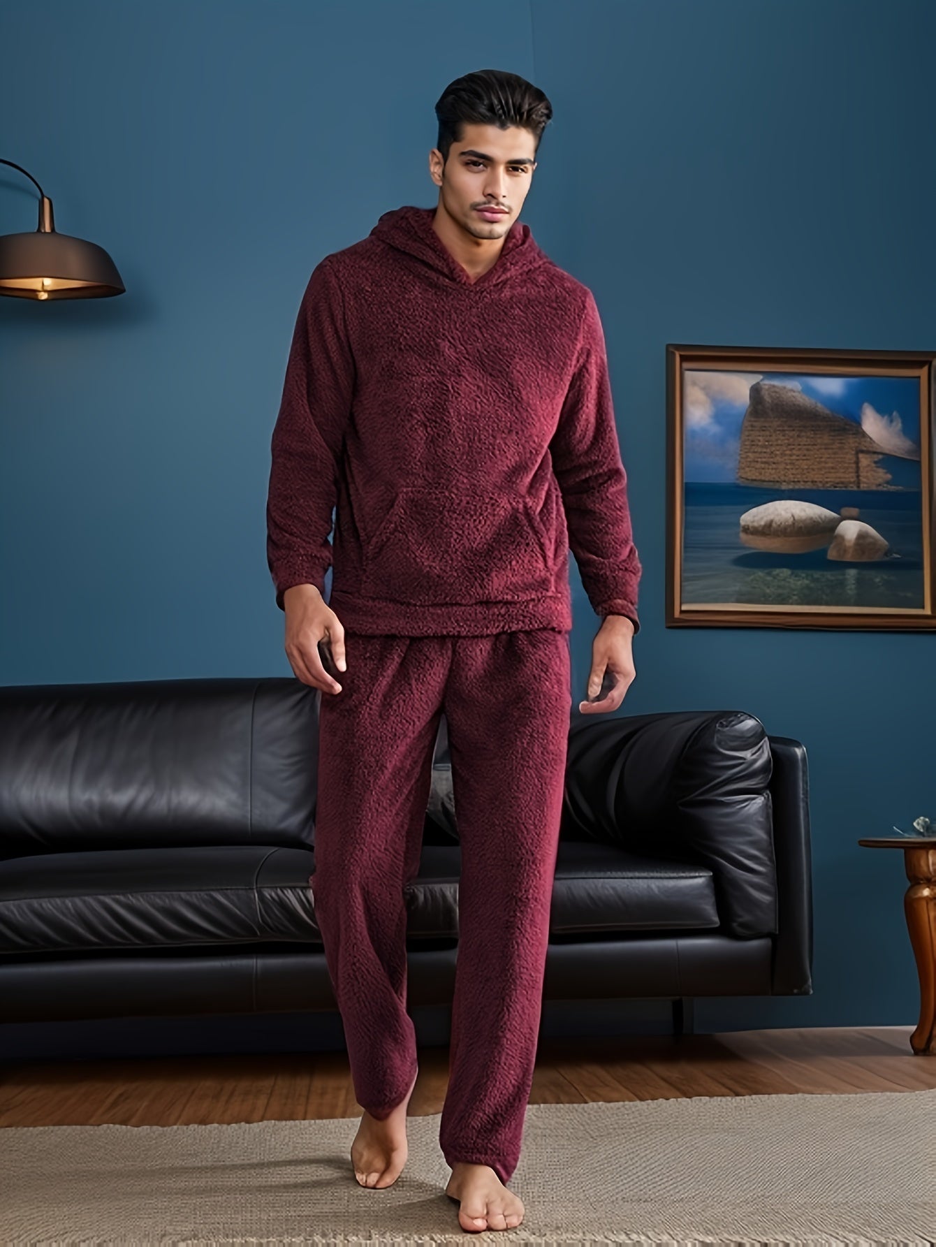 Men's Plush Fleece Hooded Pajama Set with Pockets for Winter Sleepwear