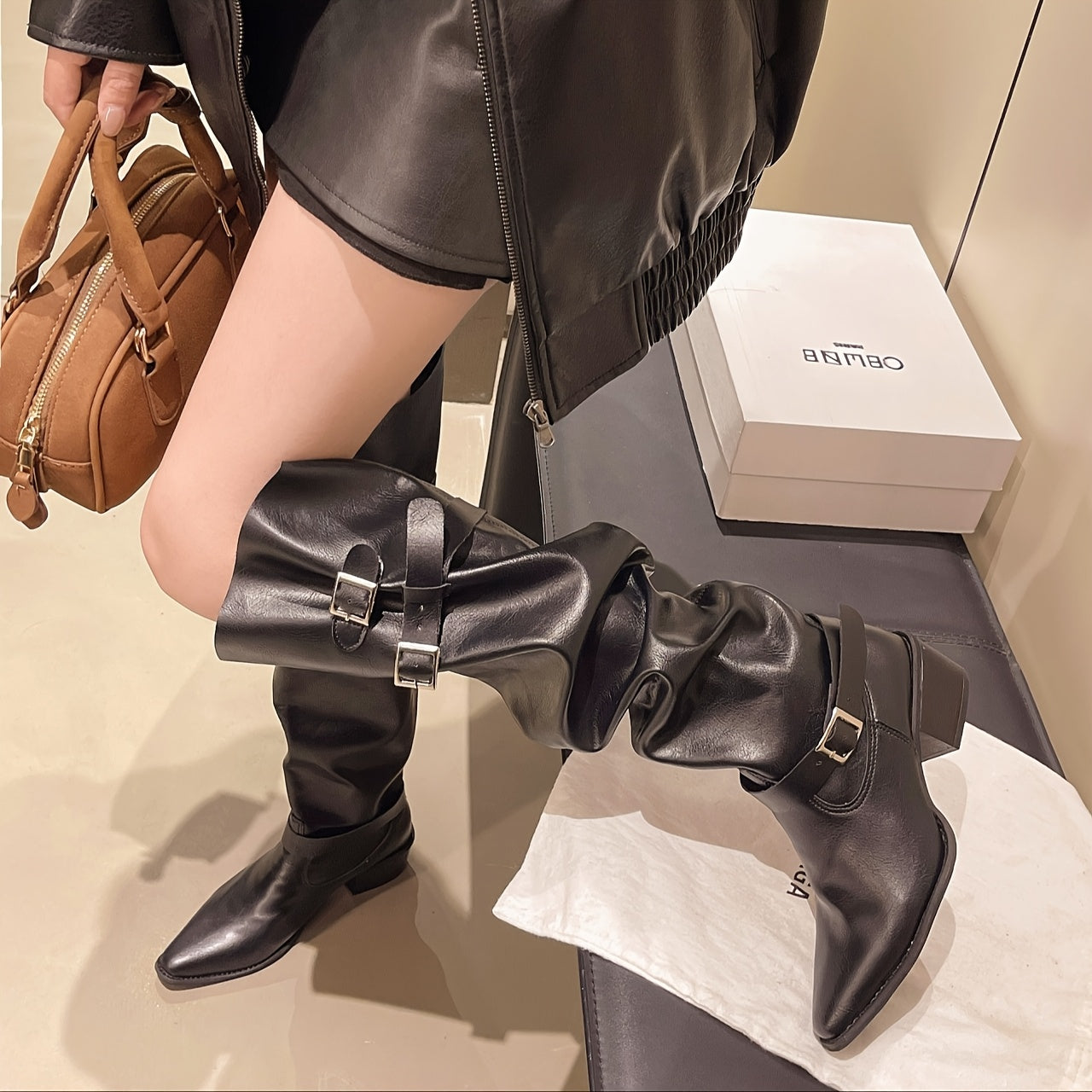 Women's High-Calf Boots Synthetic Slip-On Chunky Mid-Heel All-Season Black