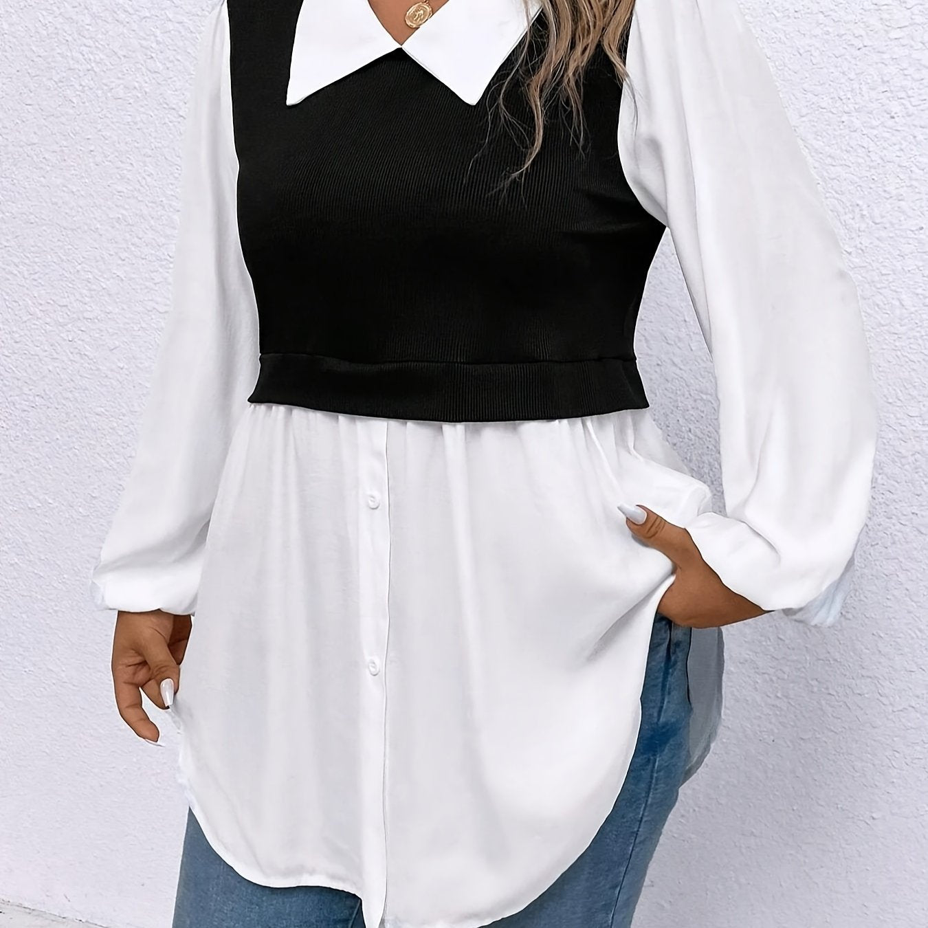 Plus Size Colorblock 2-in-1 Blouse Long Sleeve Lapel Casual Spring Fall