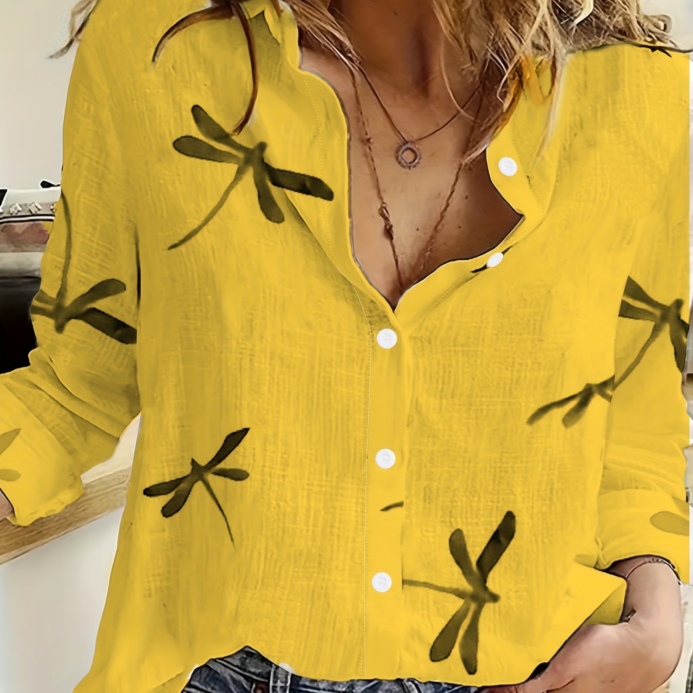 Women's Casual Dragonfly Print Blouse with Long Sleeves, Lapel Collar, Semi-Sheer Polyester Spandex