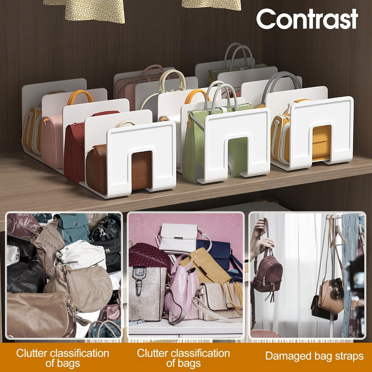 Juego de organizadores de bolsos de acrílico blanco con 2 estantes de almacenamiento para bolsos y accesorios