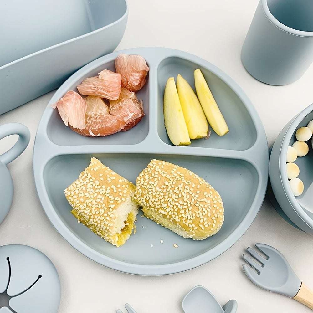 Juego de vajilla de silicona para niños con vaso con escurridor incorporado, babero y herramienta para snacks