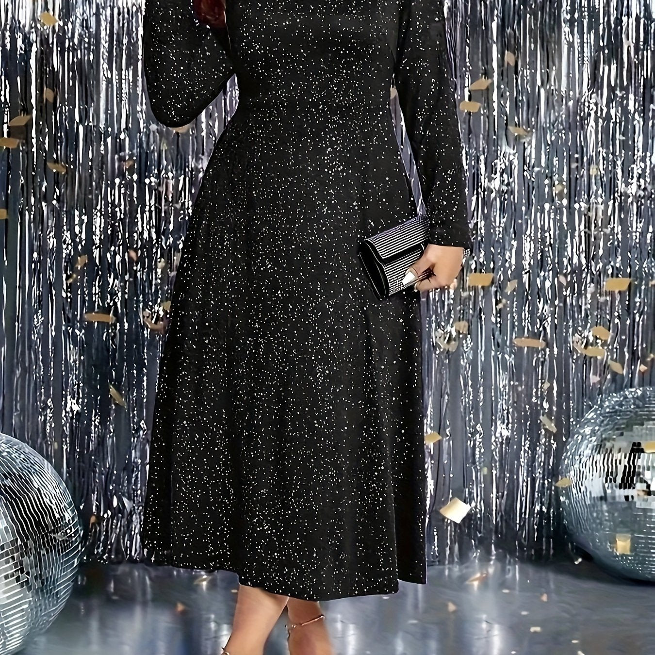 Платье большого размера с длинным рукавом и блестками с рюшей на подоле для вечера и свидания