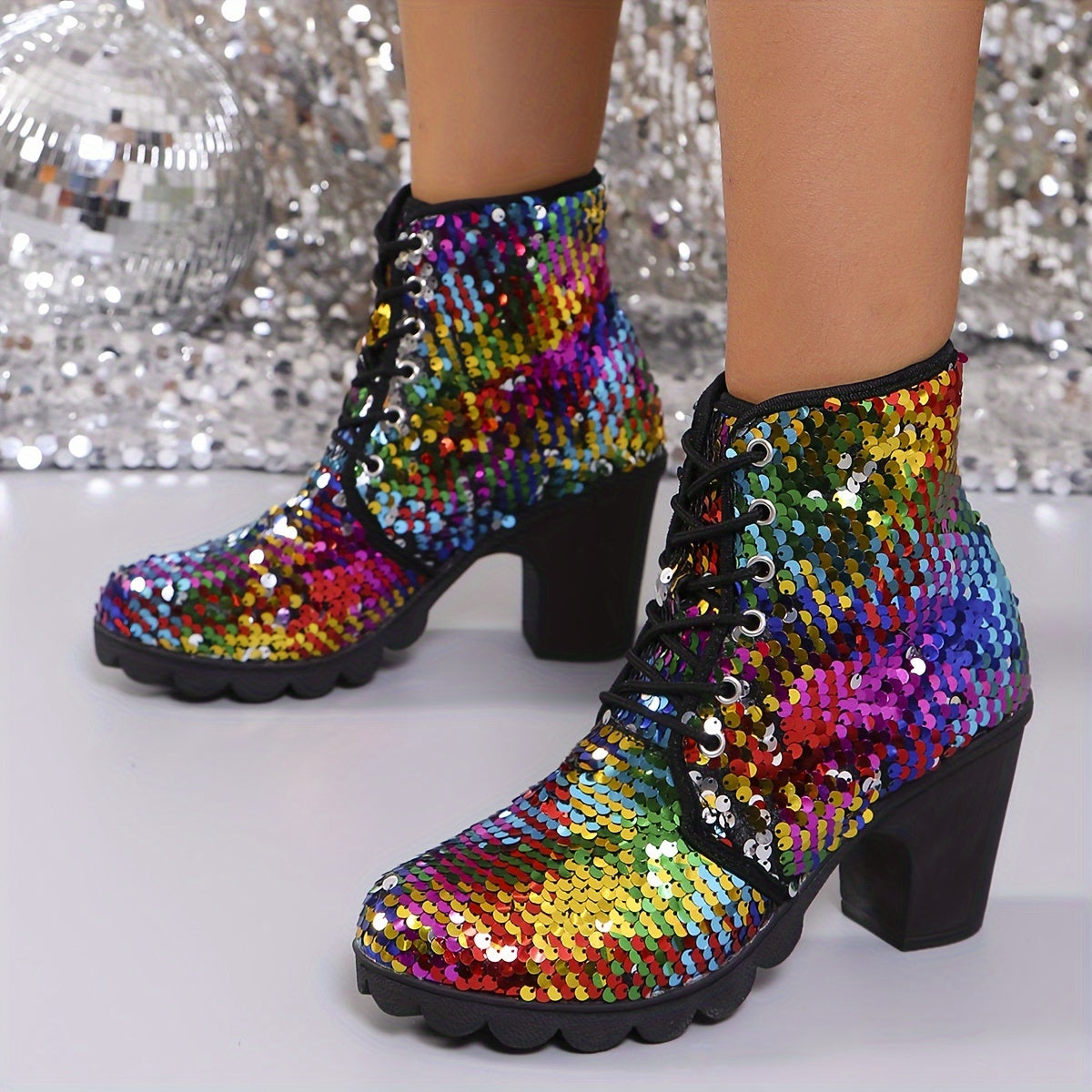 Women's Ankle Boots Sequin Lace-Up Chunky Heel Winter Shoes
