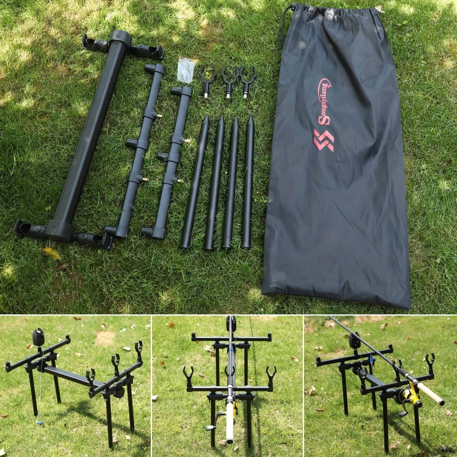Aluminium Alloy and ABS Material Carp Fishing Pole Rack Black Durable Bracket Shelf
