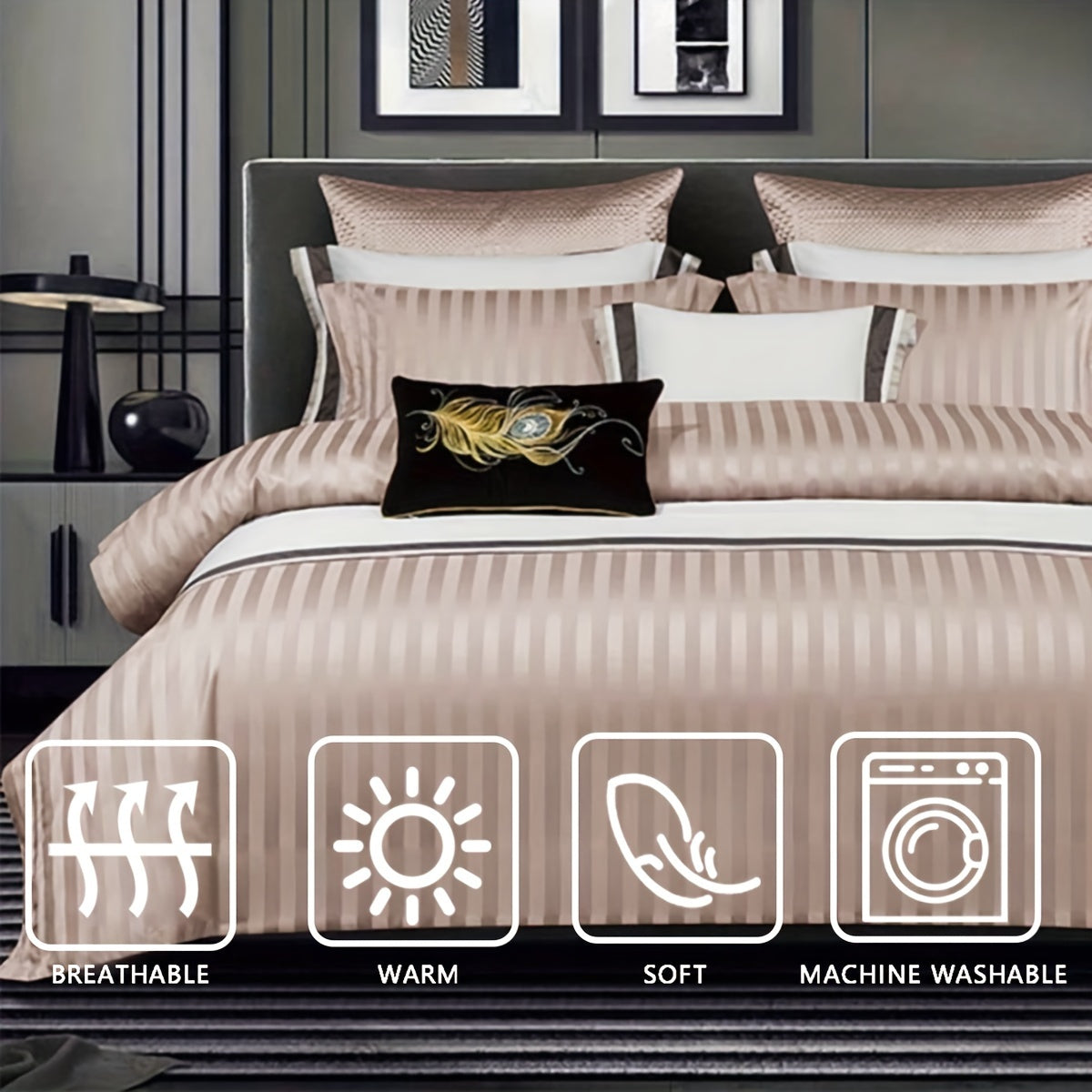 White Satin Print 3-Piece Duvet Cover Set with Pillowcases Bedding