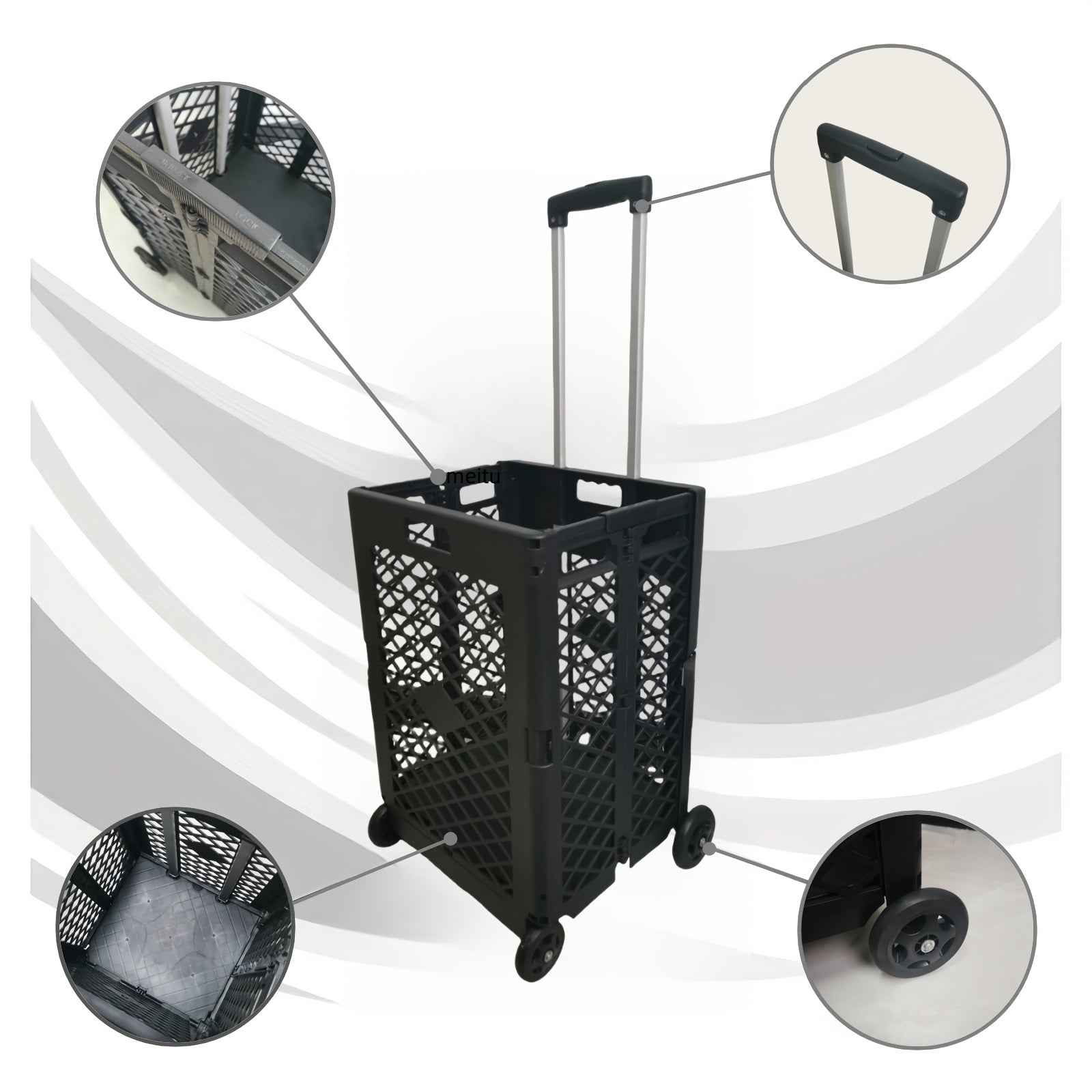 Black Portable Collapsible Storage Cart with 4 Wheels 55L Trolley for Kitchen