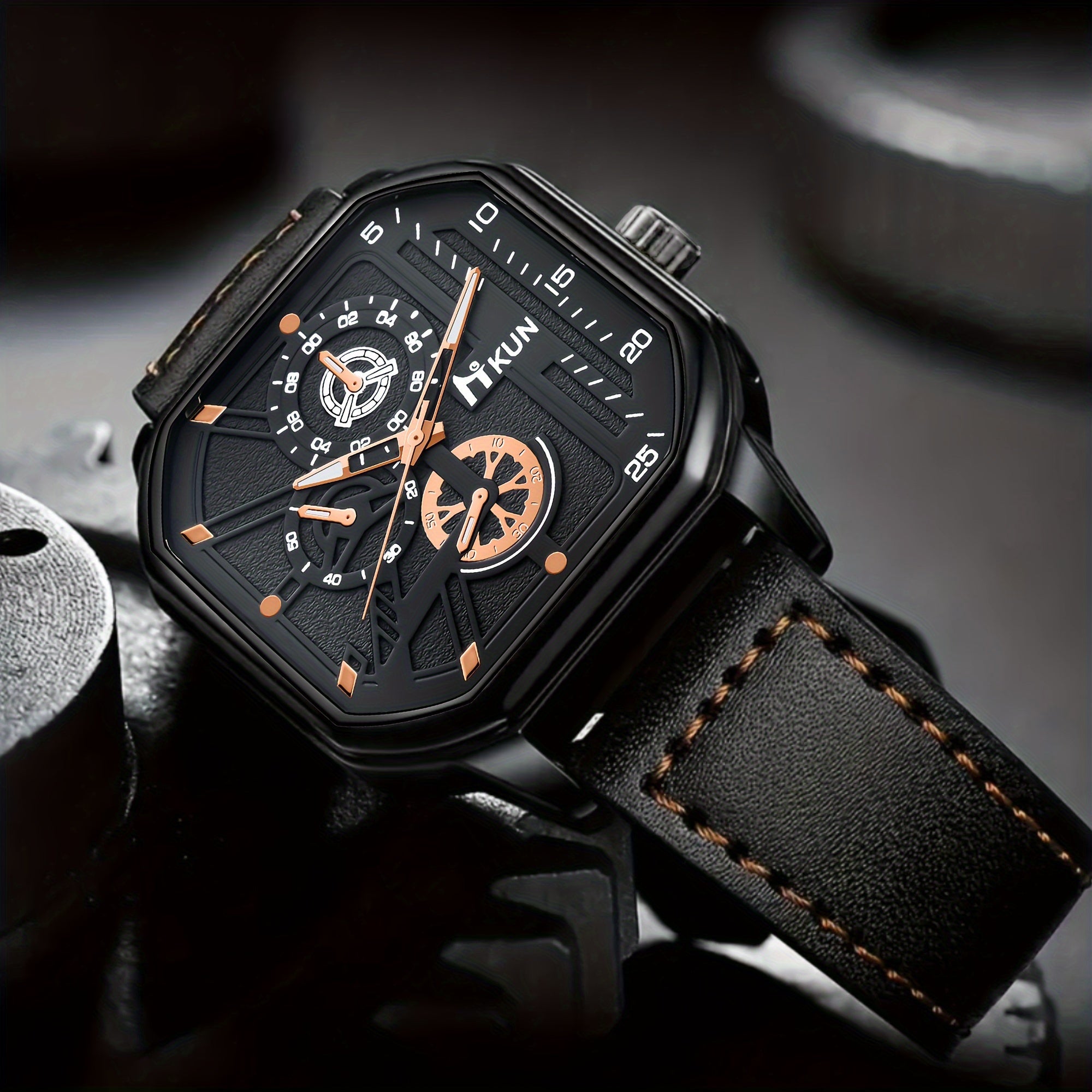 Men's Business Watch Gift Set with Quartz Square Dial PU Leather Strap Glasses Parfum