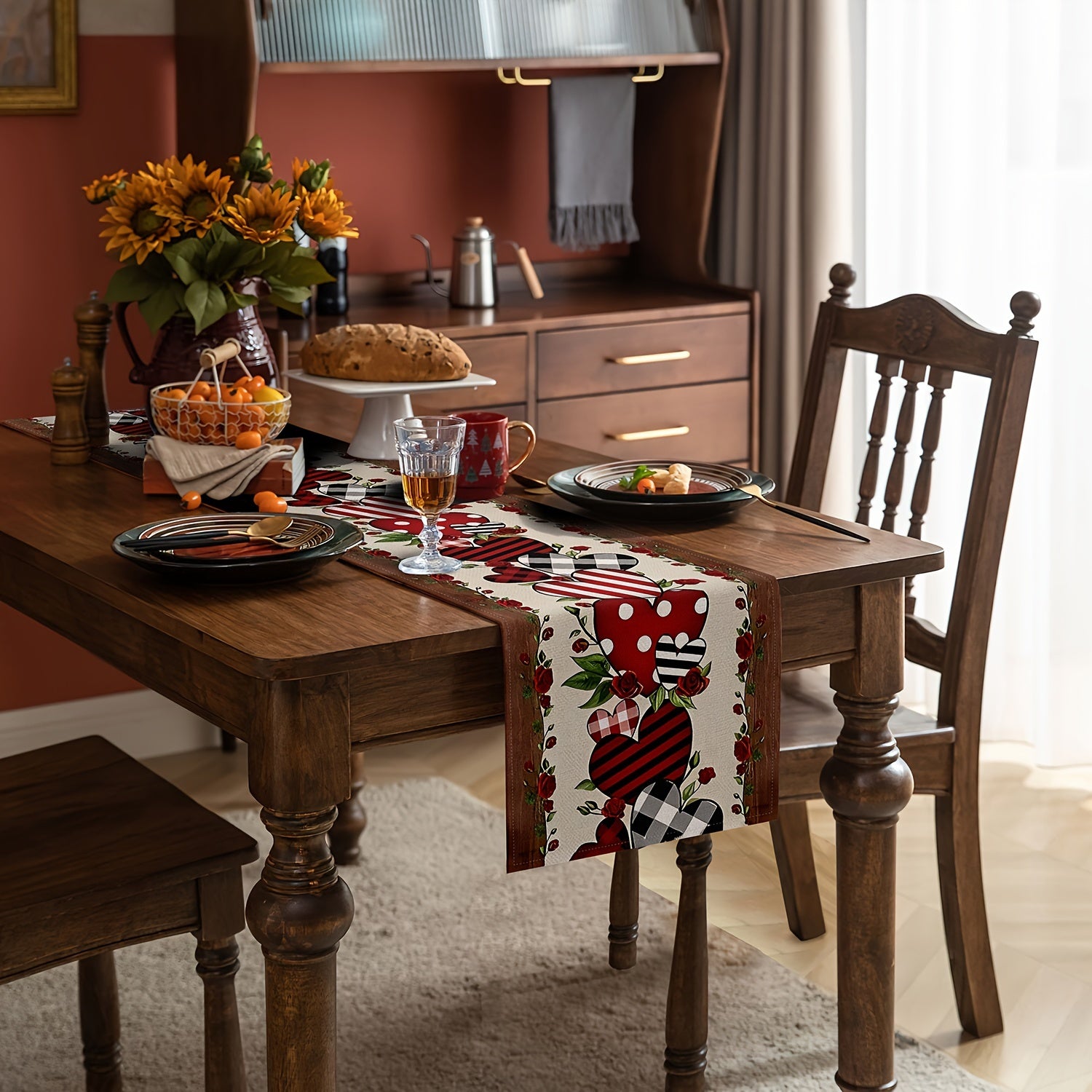 Washable Valentine’s Day Table Runner with Red Heart Leaf Design Non-Slip Insulated Backing