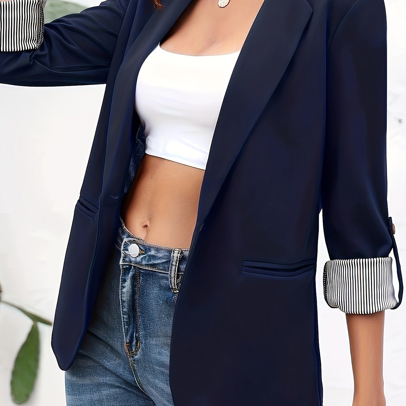 Блейзер с открытой передней частью большого размера с закатывающимися рукавами для офисной одежды