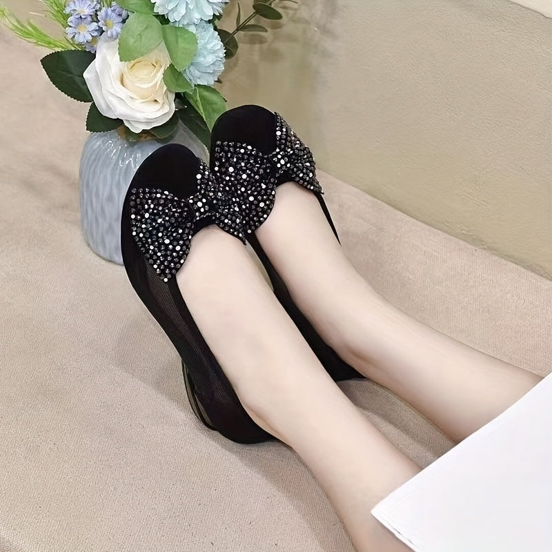 Women's Rhinestone Bow Slip-On Loafers Breathable Mesh Formal Comfortable