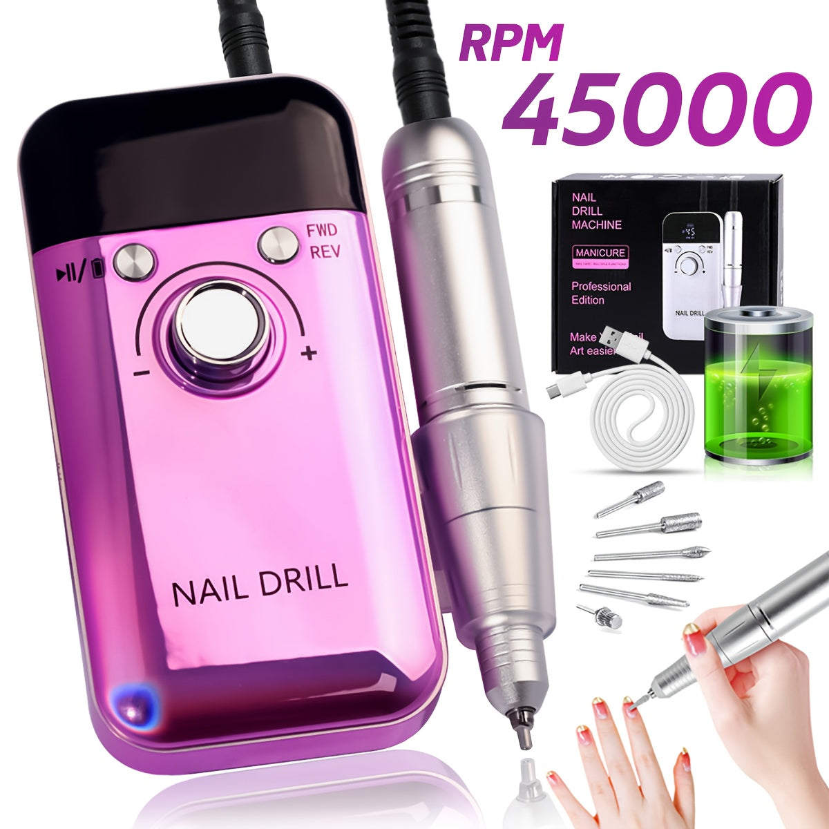 45000RPM portativ simsiz lakni tozalash qurilmasi, raqamli displey bilan, manikyur salon uchun