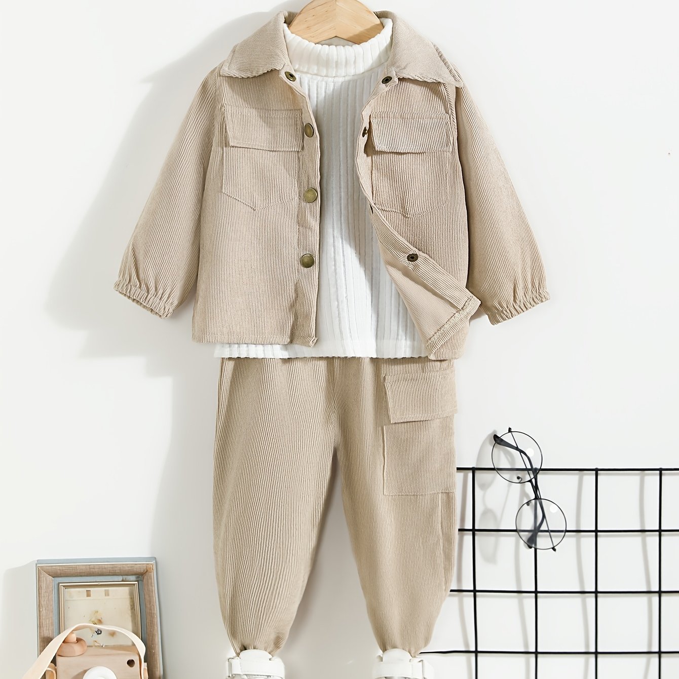 Bolalar uchun tasodifiy kiyim to'plami, uzun qo'lqonli ko'ylak palto va uzun shimlar bilan birga keladi. 100% polyesterdan tayyorlangan, barcha fasllar uchun mos. Oddiy kesim, bir rangda va tugma tafsiloti bilan.