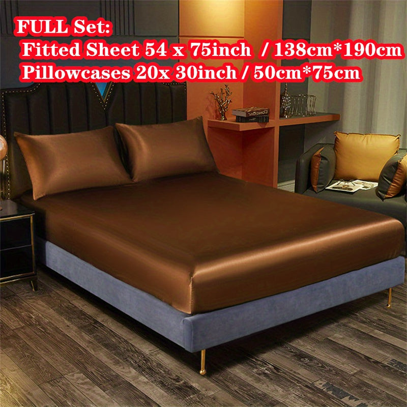 Satin Bedding Set 3 Pieces Fitted Sheet and Pillowcases Solid Color