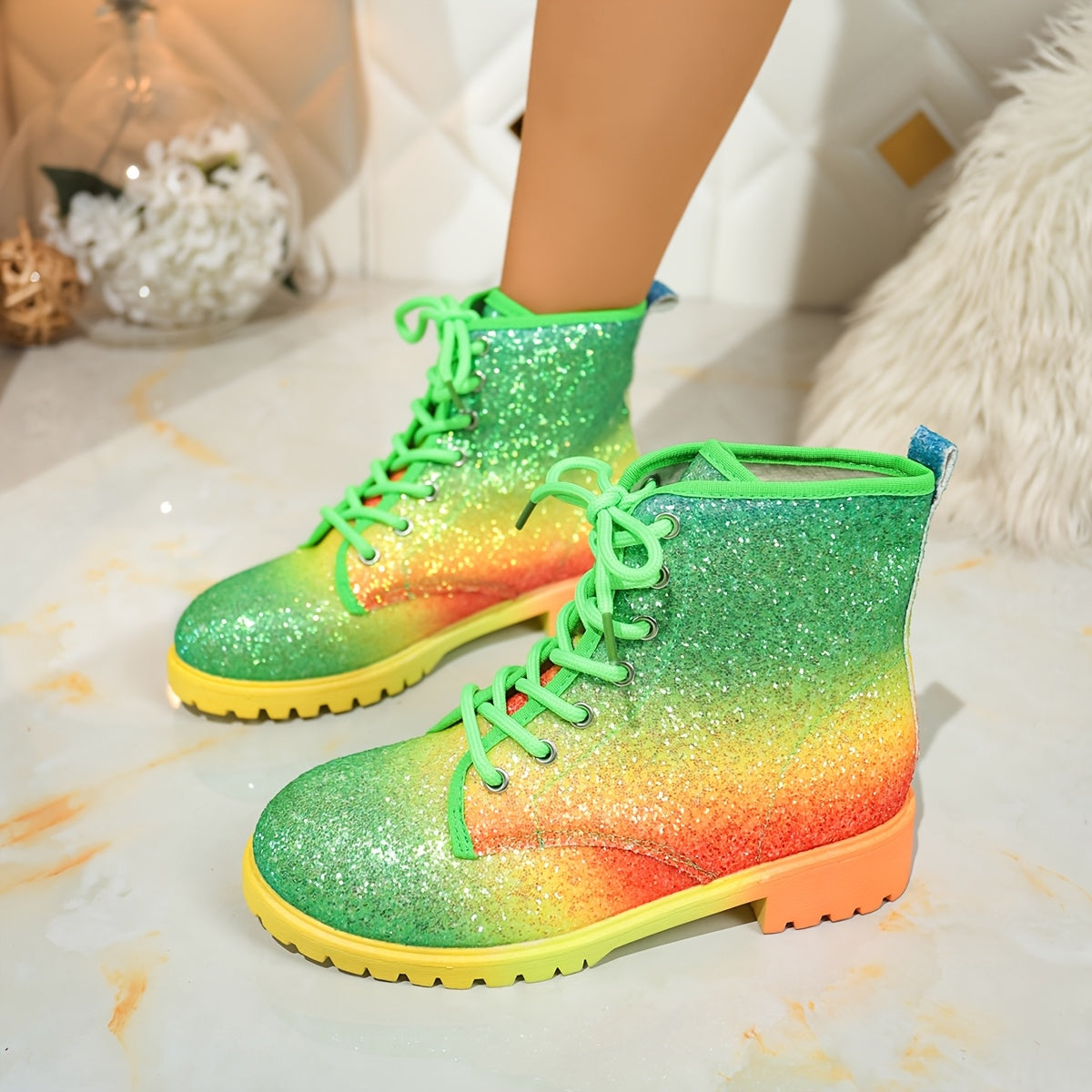 Women's Colorful Gradient Print Platform Ankle Boots with Glitter Accents