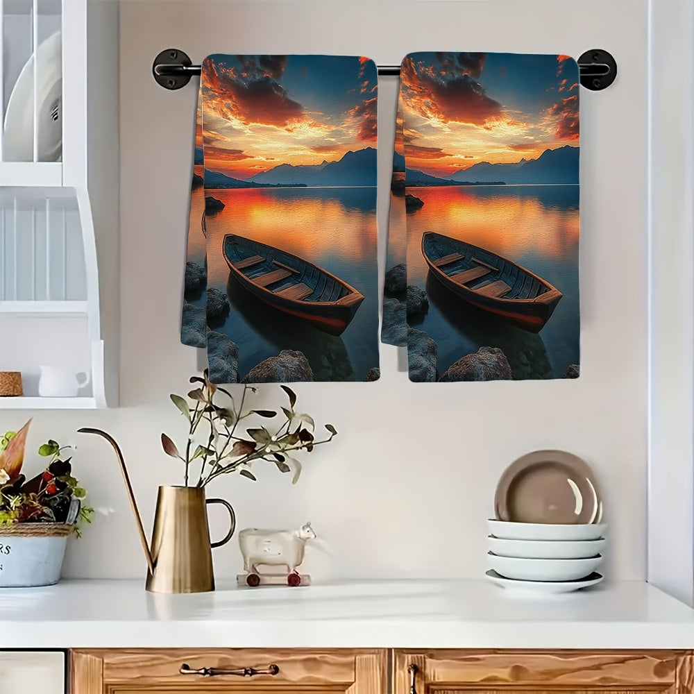 Set of 2 Soft Kitchen Towels Lake and Mountain Sunrise 40x60cm Absorbent