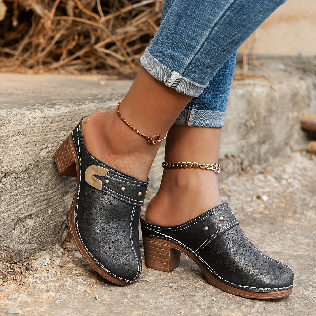 Women's Floral Pattern Clogs Soft Sole Slip-On Mules with Chunky Heel