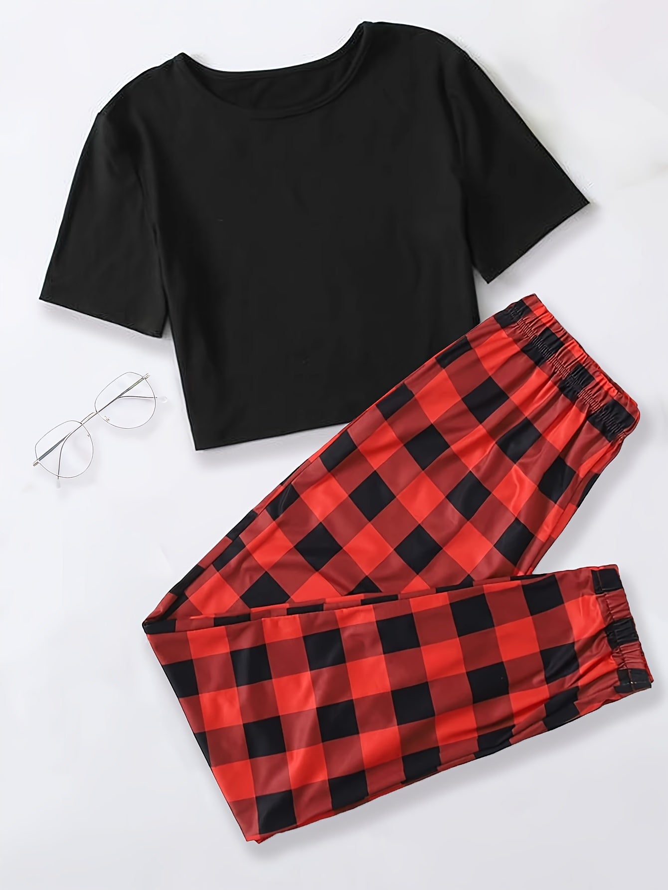 Conjunto de pijama de cuadros para mujer, camiseta de manga corta de jersey y pantalones con cintura elástica