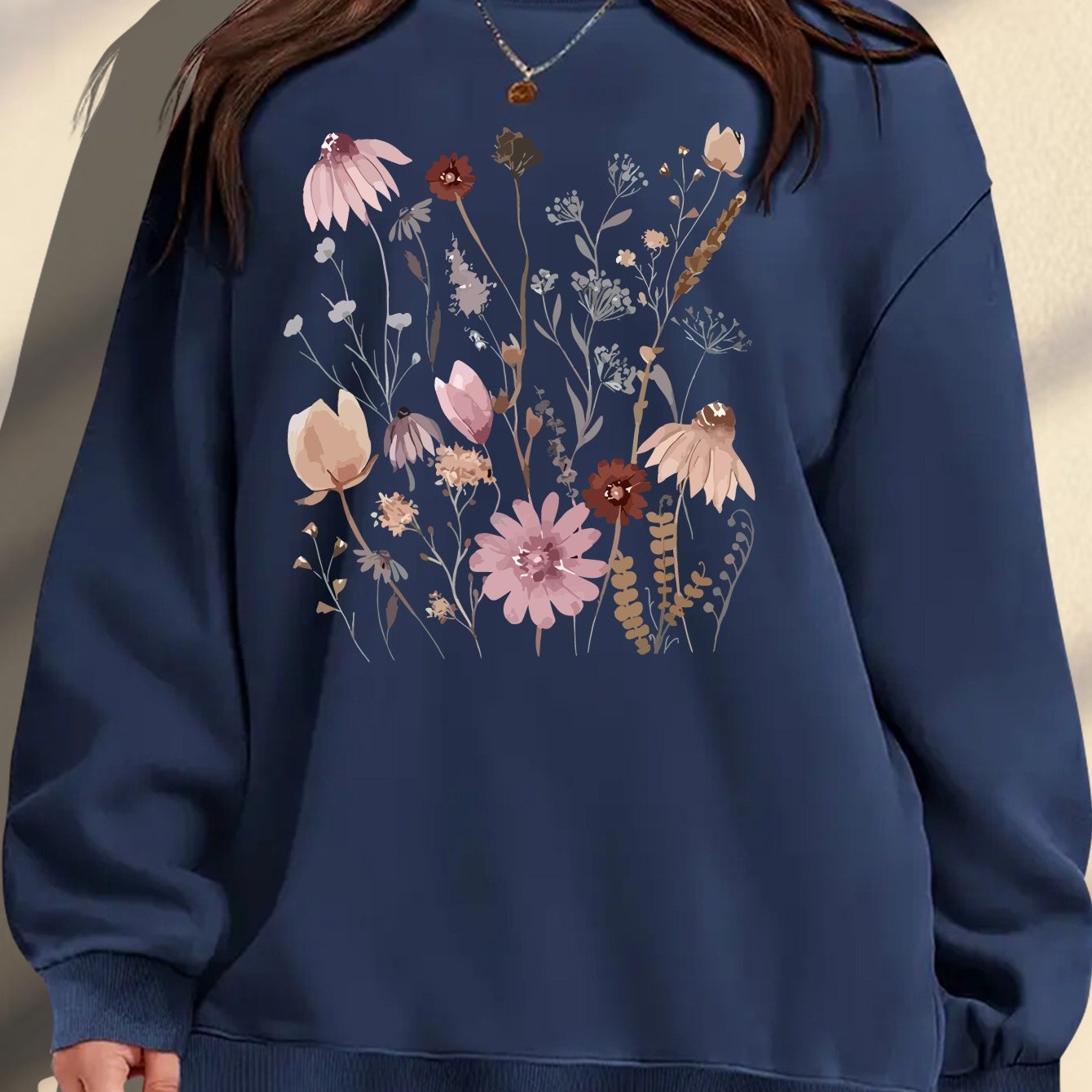 Women's Plus Size Floral Print Sweatshirt Cozy Maroon Pullover Autumn Wear