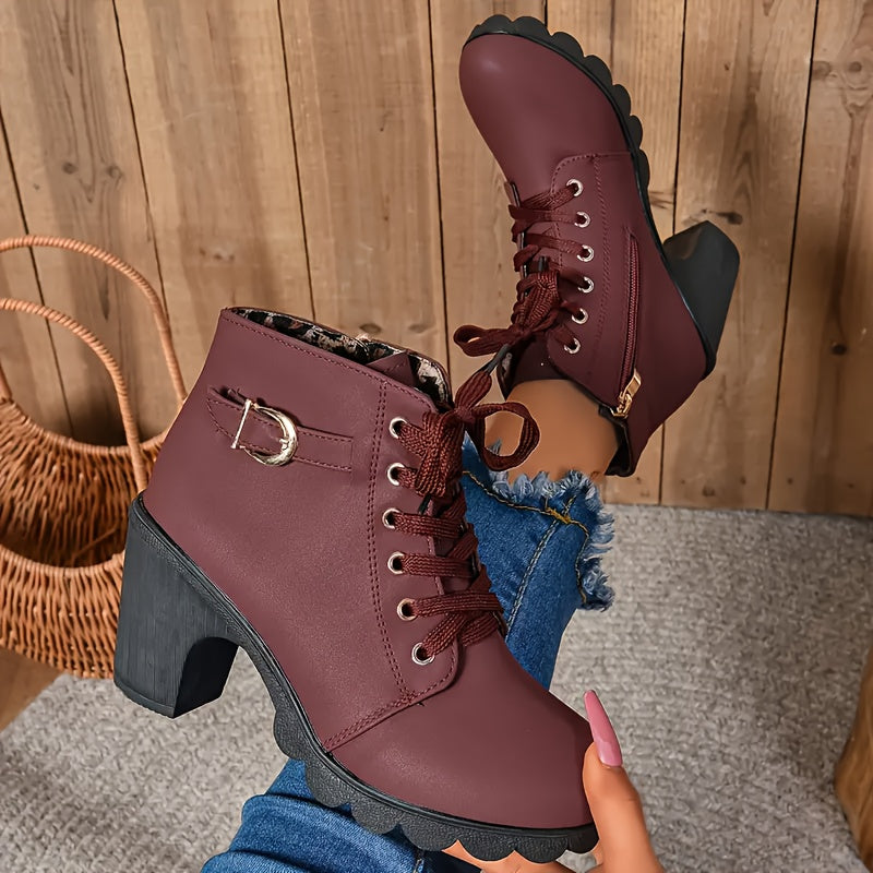 Women's Ankle Boots Faux Cover Lace-Up Chunky Heel Rubber Sole
