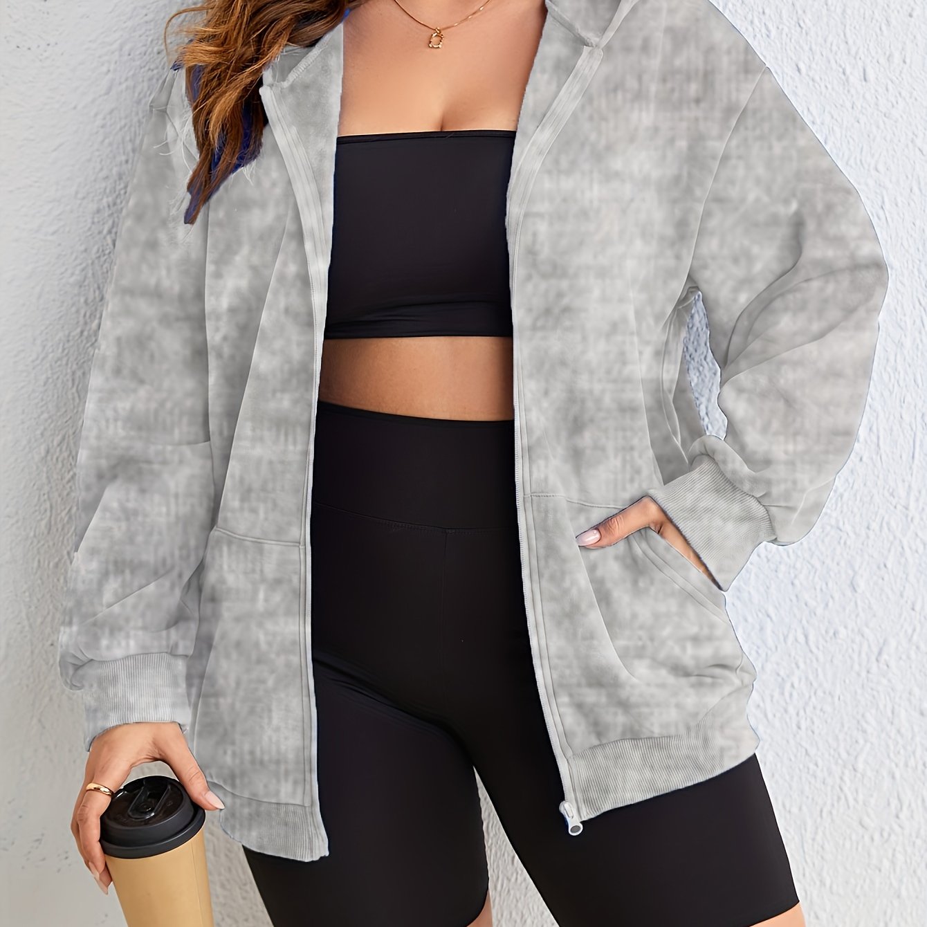 Women's Loose Fit Longline Hoodie Polyester Spandex Black Lounge Workout