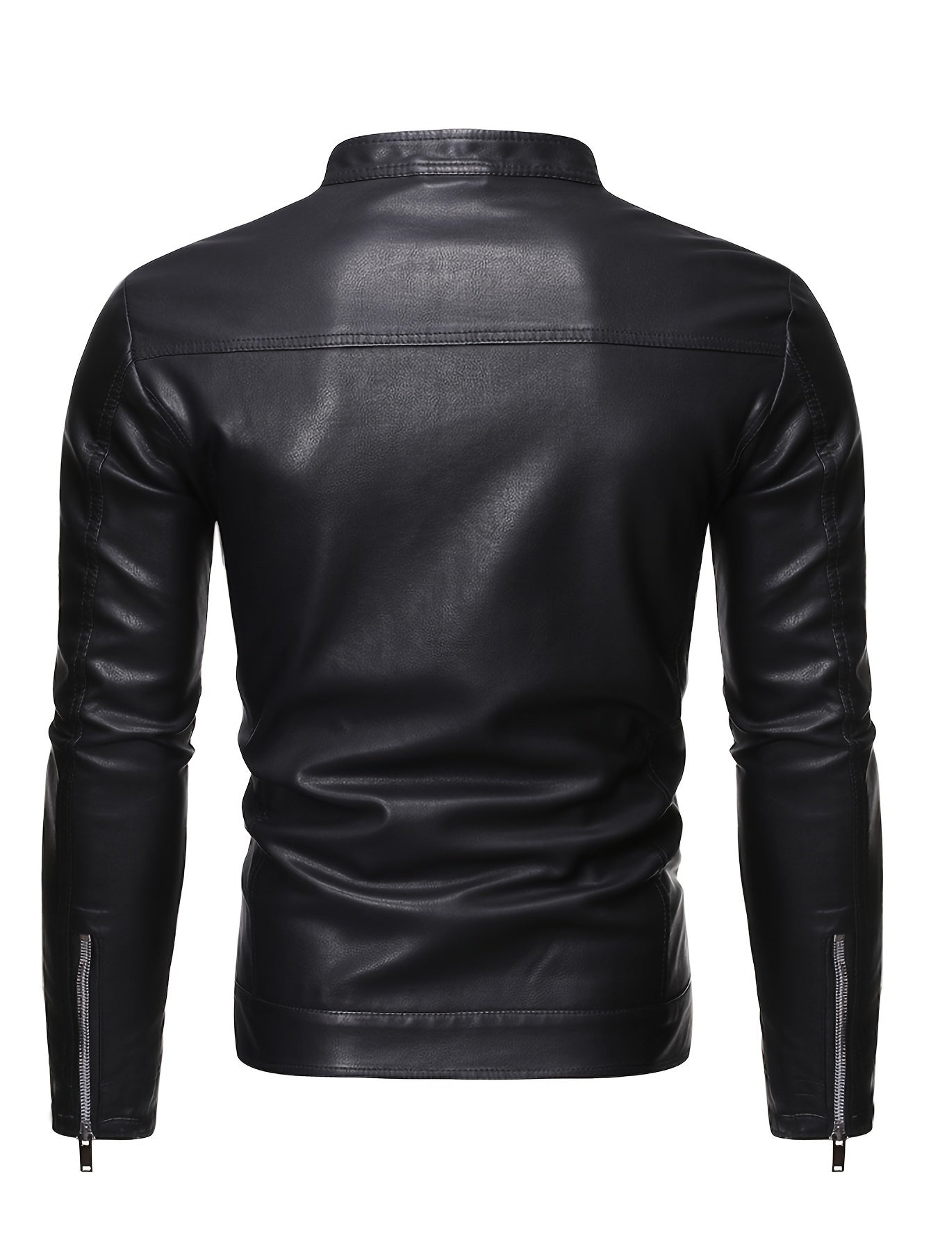 Men's PU Leather Motorcycle Jacket with Stand Collar and Zipper Pockets