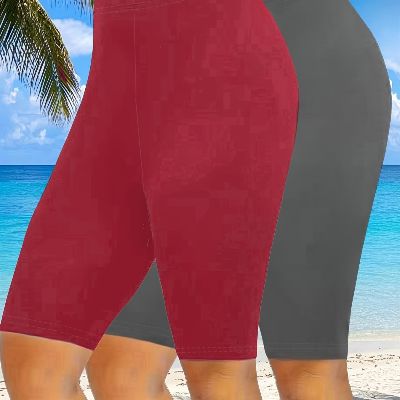 Women's Plus Size High-Waisted Stretch Athletic Shorts Solid Color Mid-Length Breathable