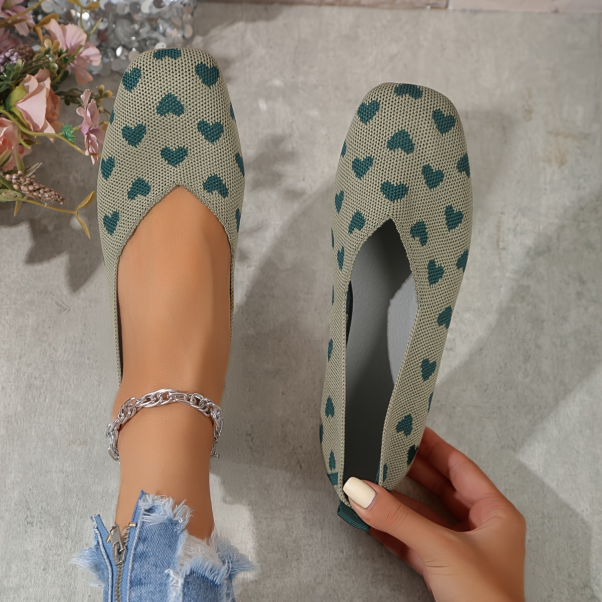 Women's Casual Ballet Flats with Heart Pattern and Mary-Jane Strap
