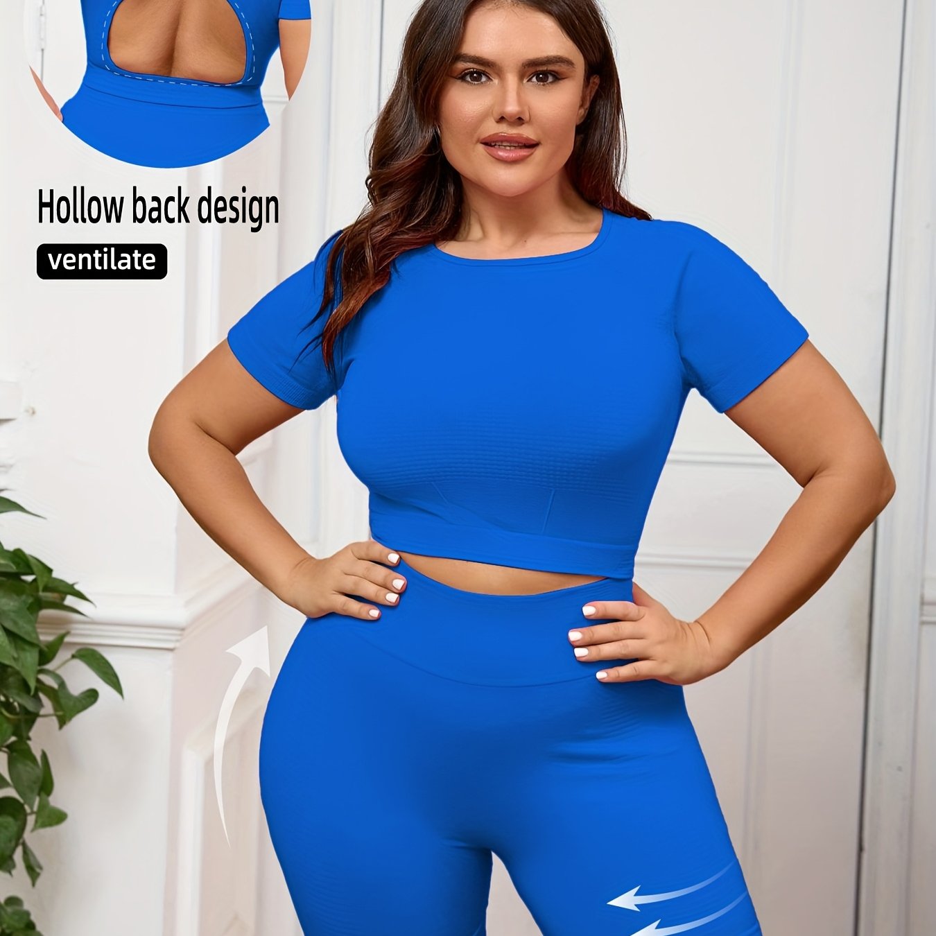 Plus Size Women's Seamless Nylon Yoga Set Short Sleeve T-Shirt and Tight Shorts