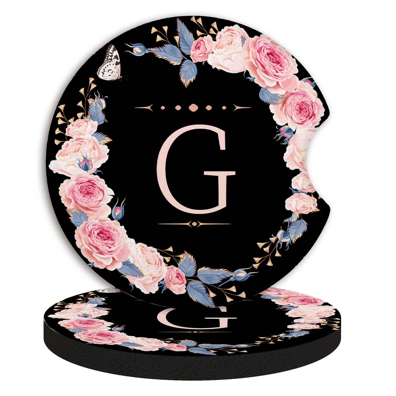Unisex Rubber Car Coasters 2 Pack Waterproof Floral Monogram Drink Holders