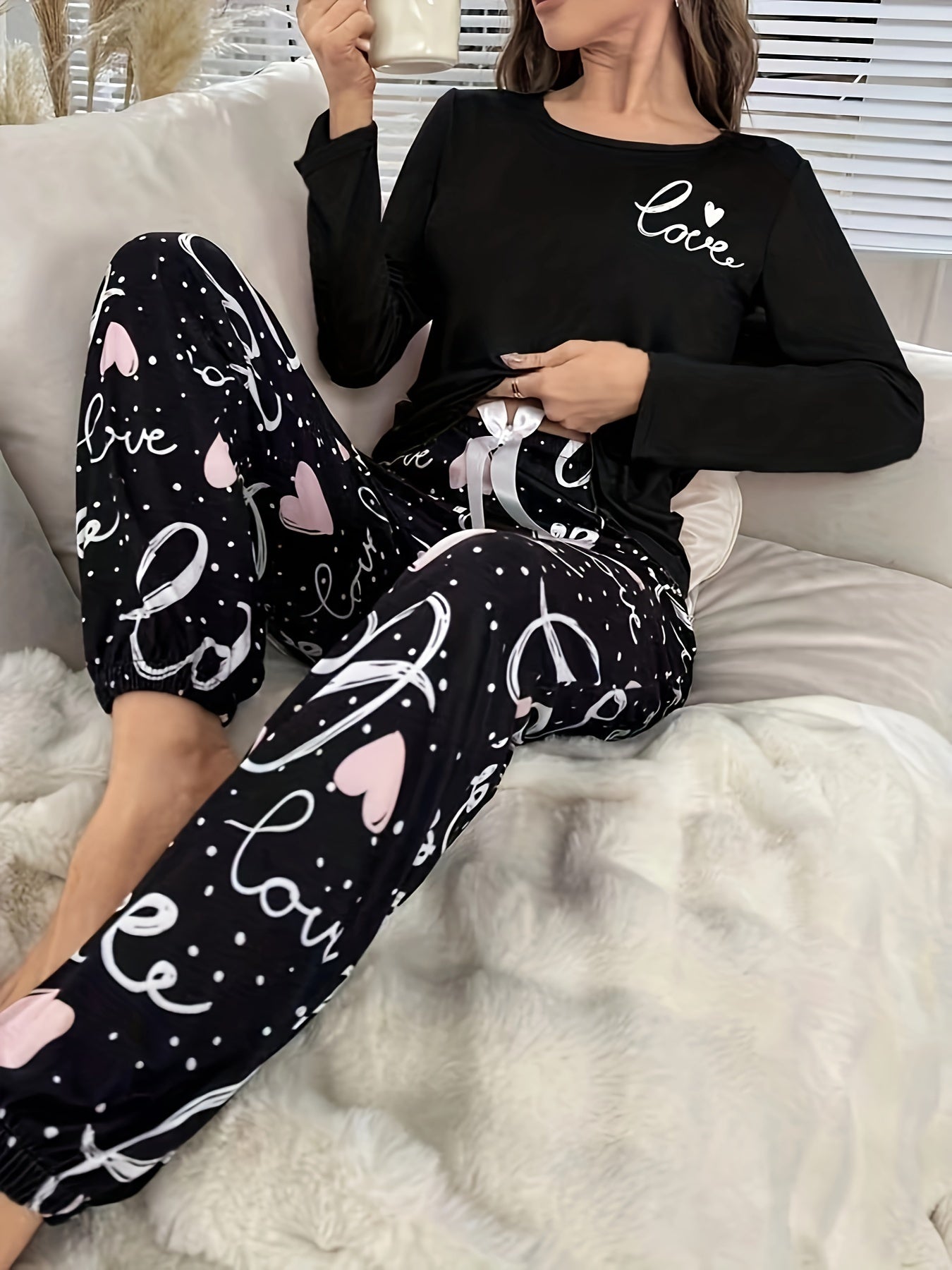 Women's Alphabet Print Long Sleeve Pajama Set Polyester Elastane Casual Sleepwear for Spring Fall