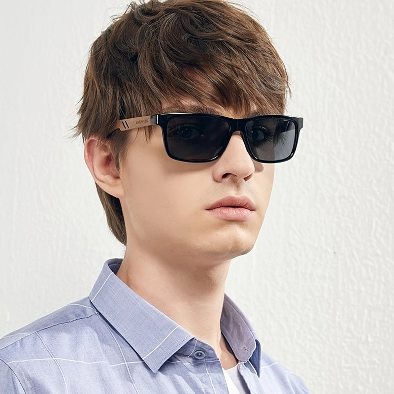 Square Polarized Sunglasses for Men and Women with PC Frame and Handmade Wooden Temples for Outdoor Sports Fishing Climbing Running