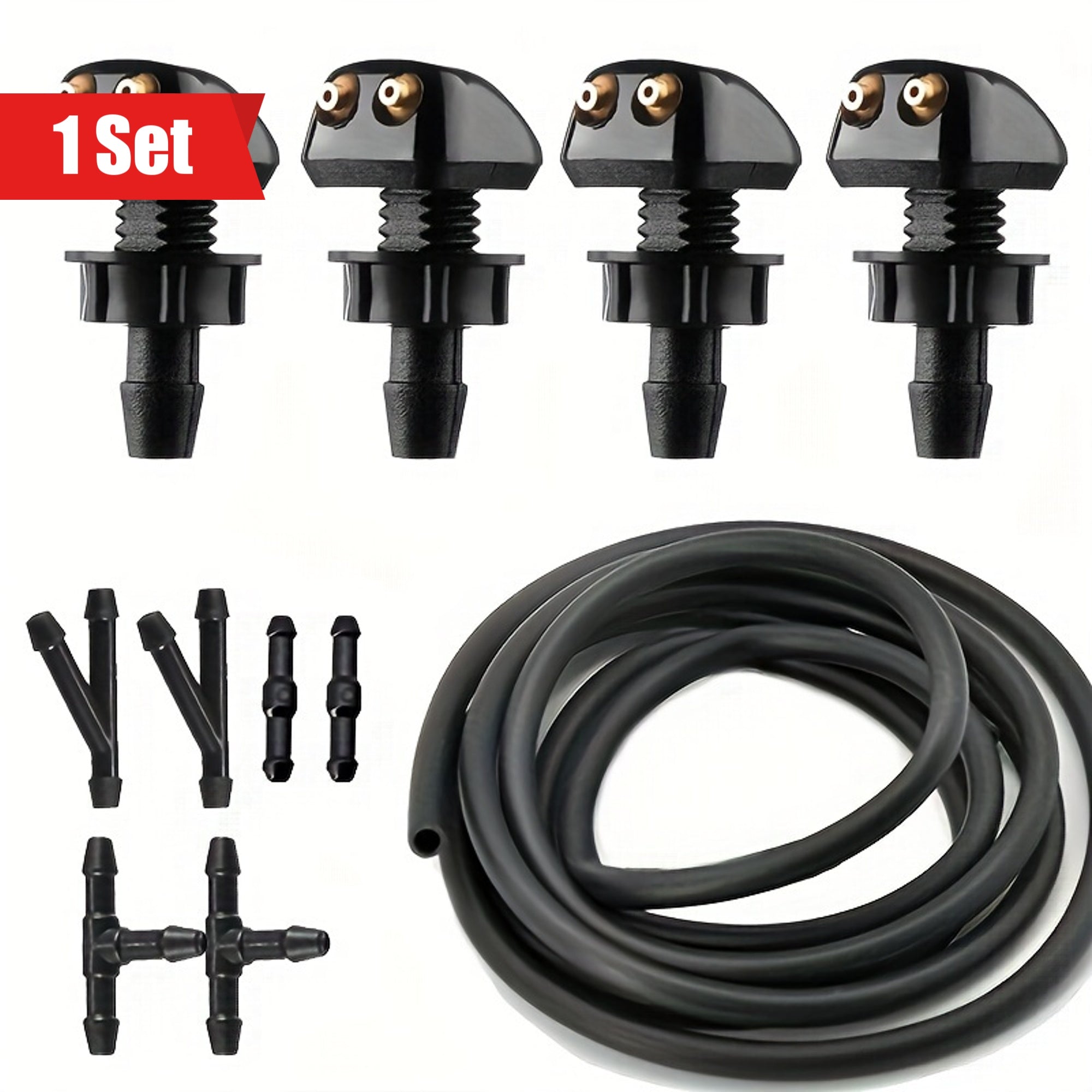 Universal Car Windshield Wiper Nozzle Set 2m Hose 6 Connectors Double Water Spray