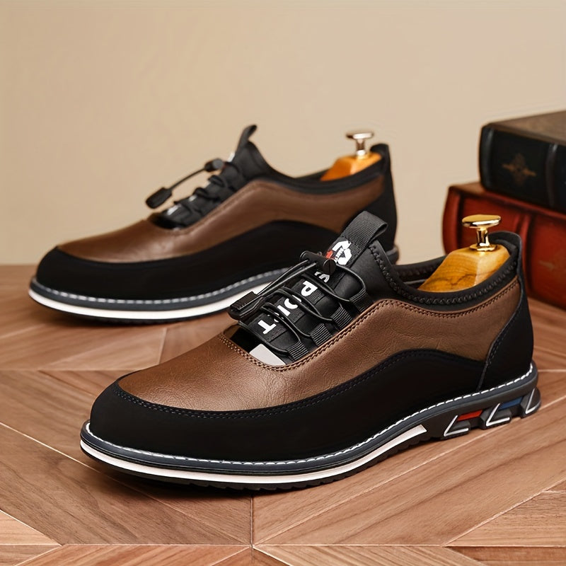 Men's Casual Low Top Lace-Up Shoes with Elastic Band PU Upper Rubber Sole All-Season