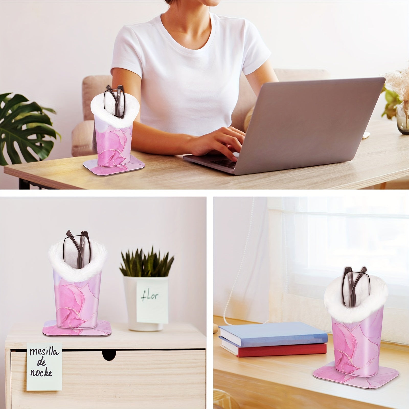 White Plush Glasses Holder with Removable Magnetic Base Faux Leather Storage Case