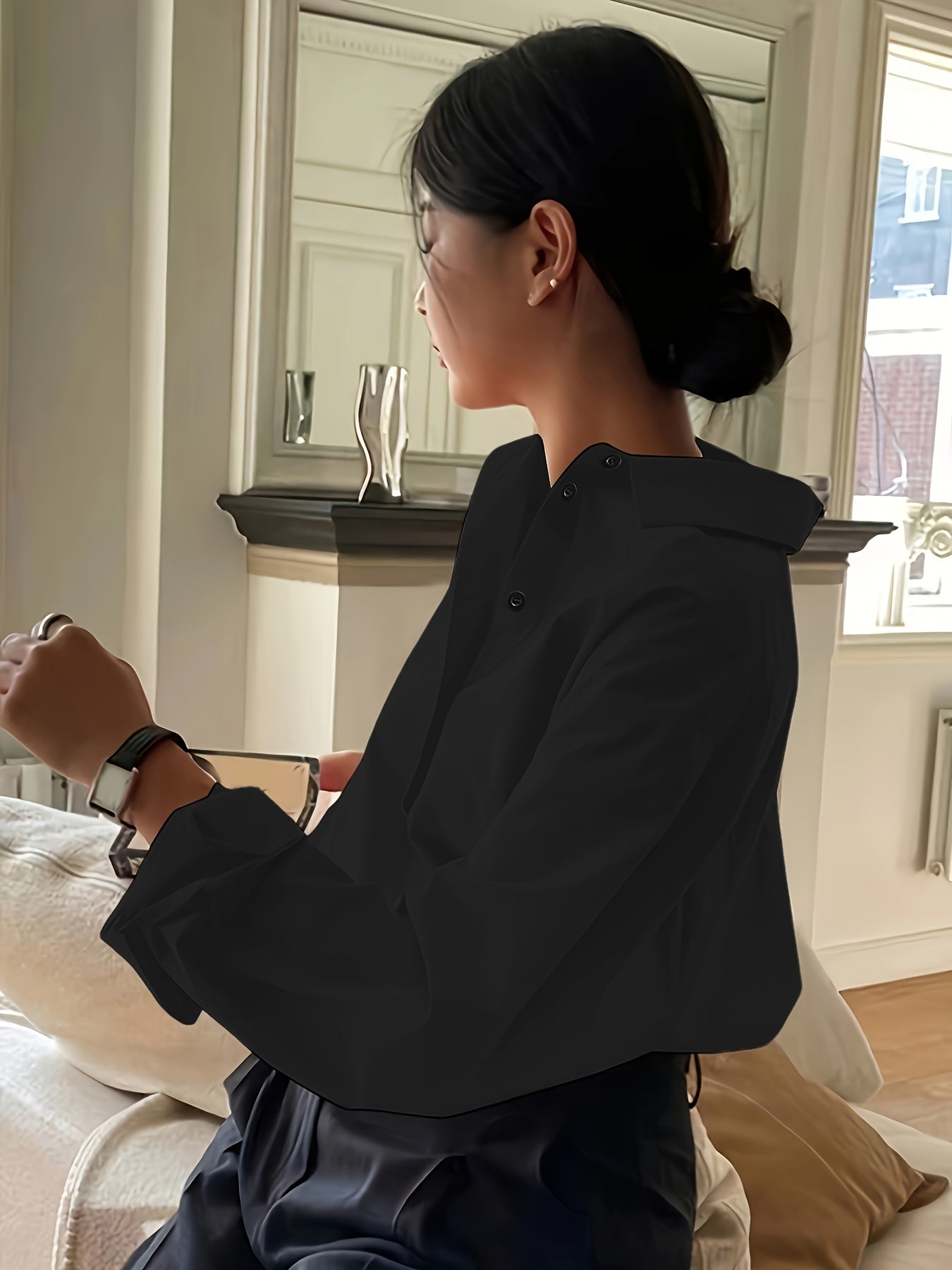 Блузка для женщин больших размеров делового стиля с длинным рукавом, лацканом, пуговицами, однотонная, из полиэстера, тканая, для всех сезонов