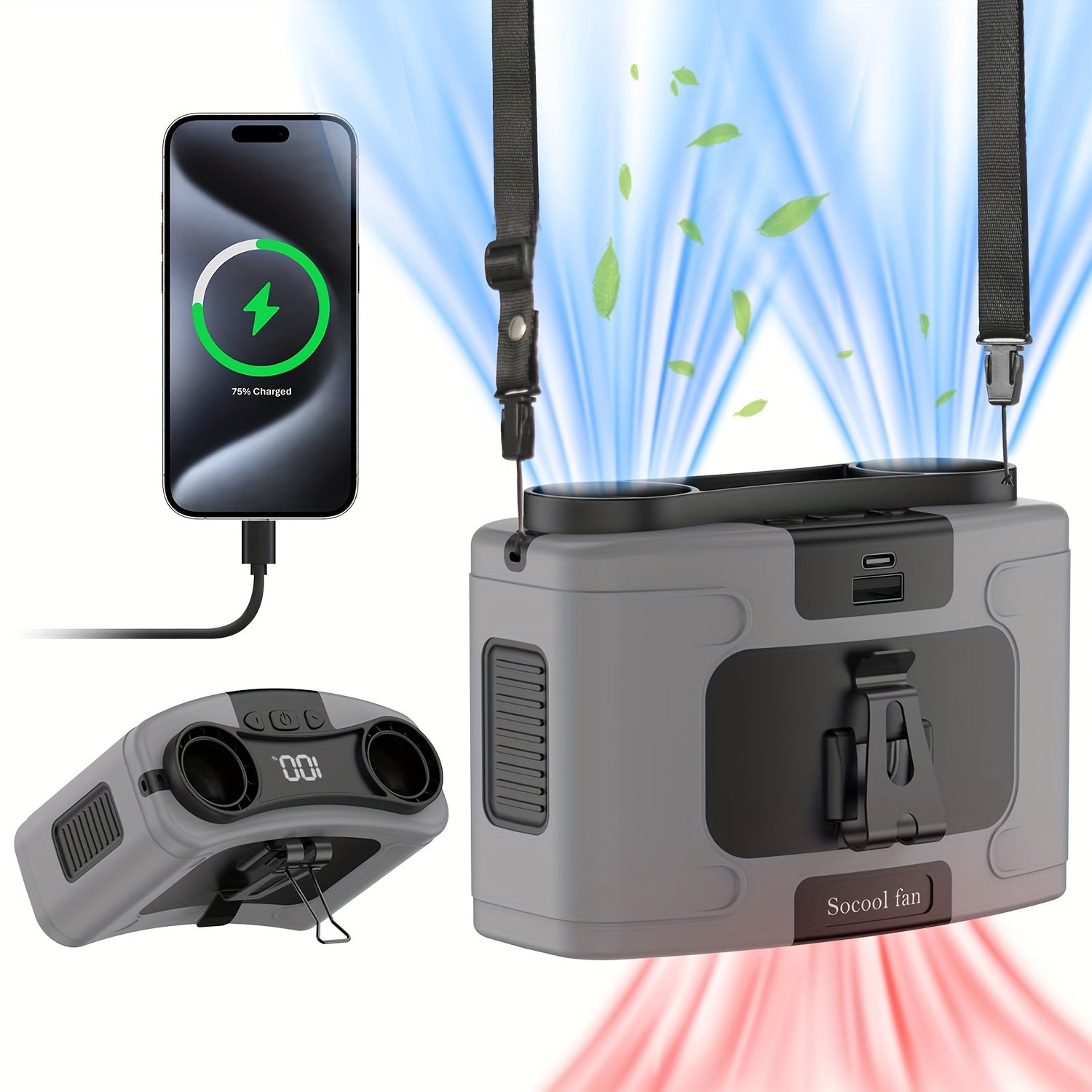 Wearable Waist Fan with Rechargeable Battery, 10 Speed Settings, Portable