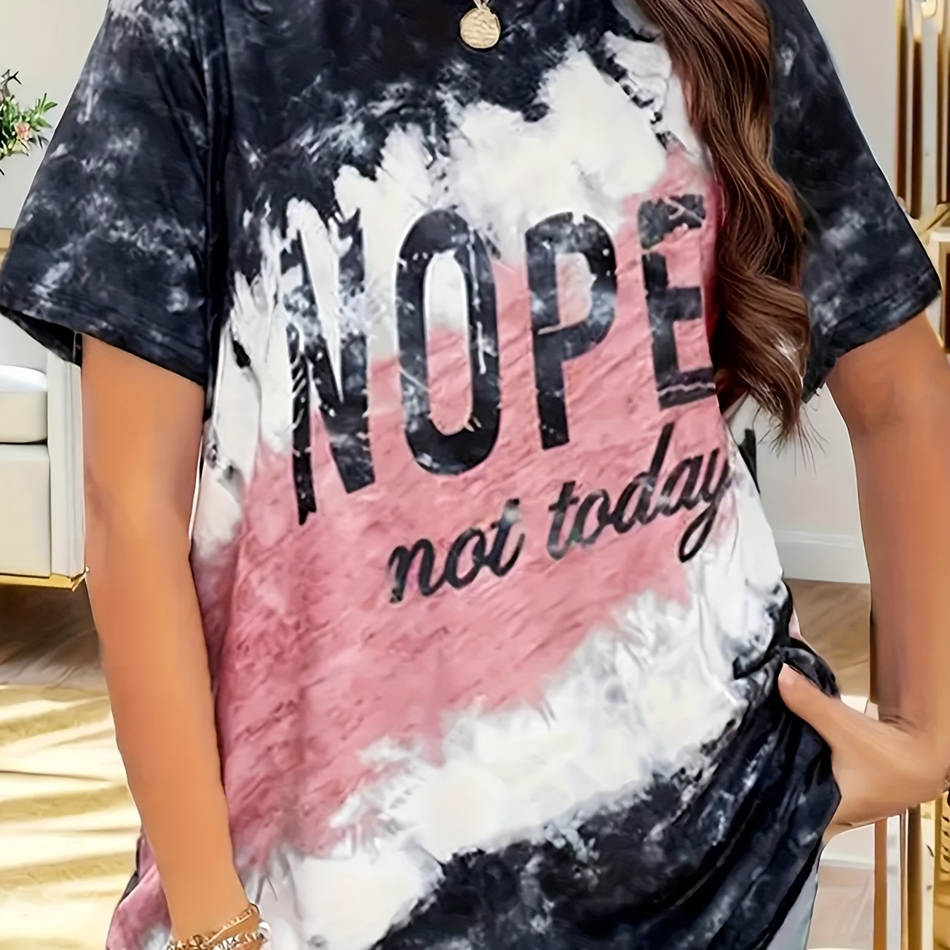 Plus Size Women's Graphic Tee Black White Tie-Dye Short Sleeve T-Shirt