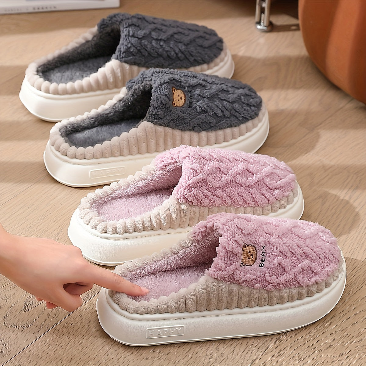 Unisex Plush Slippers Warm Indoor Winter Shoes Thick Sole Soft Lining