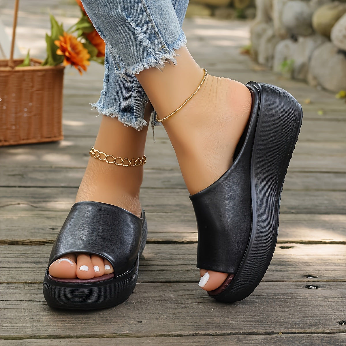 Women's Brown Pointed Toe Slide Sandals with Thick Heel for Summer