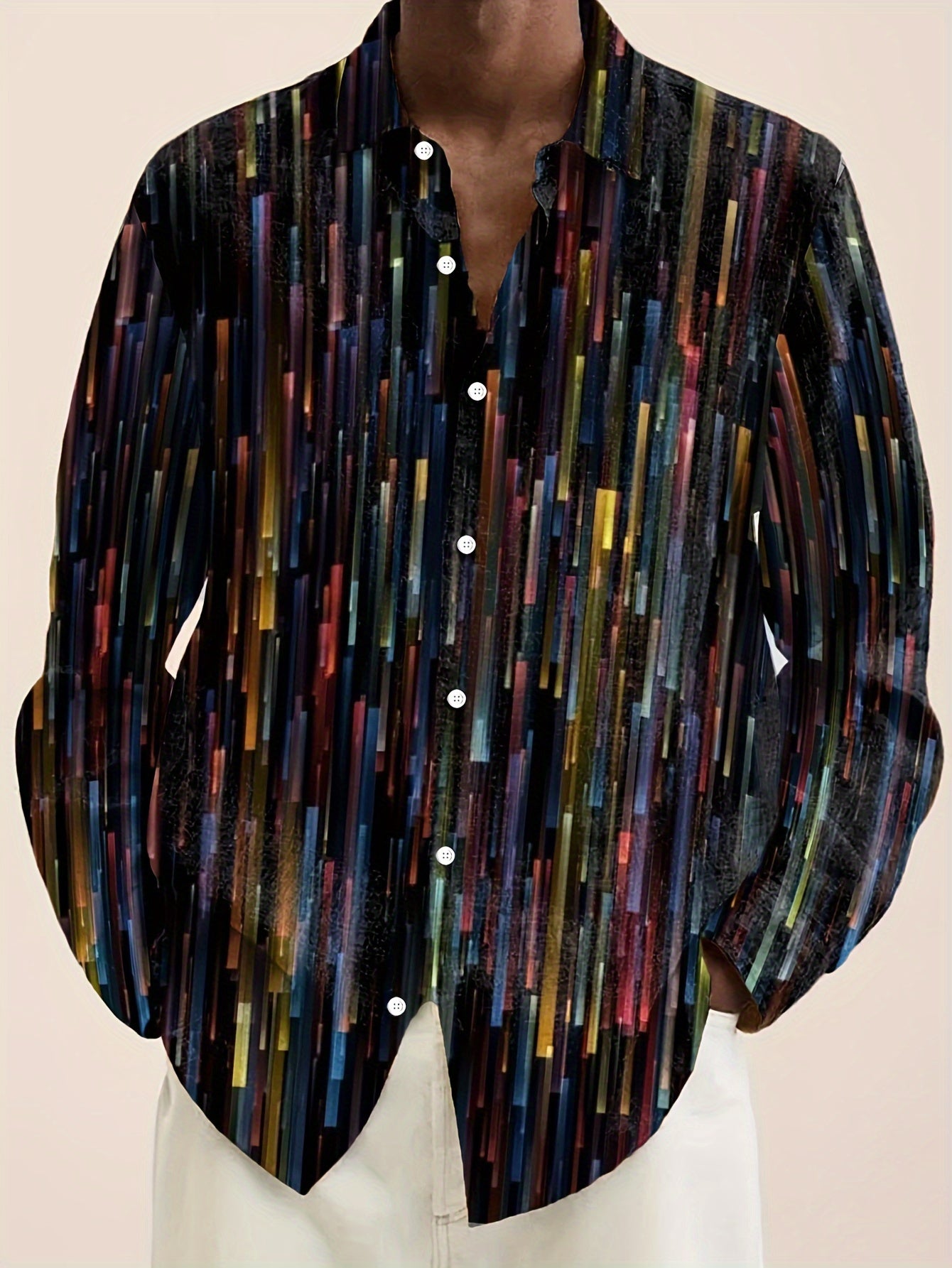 Men's Plus Size Vintage Long Sleeve Shirt with Rainbow Stripe Gradient Print