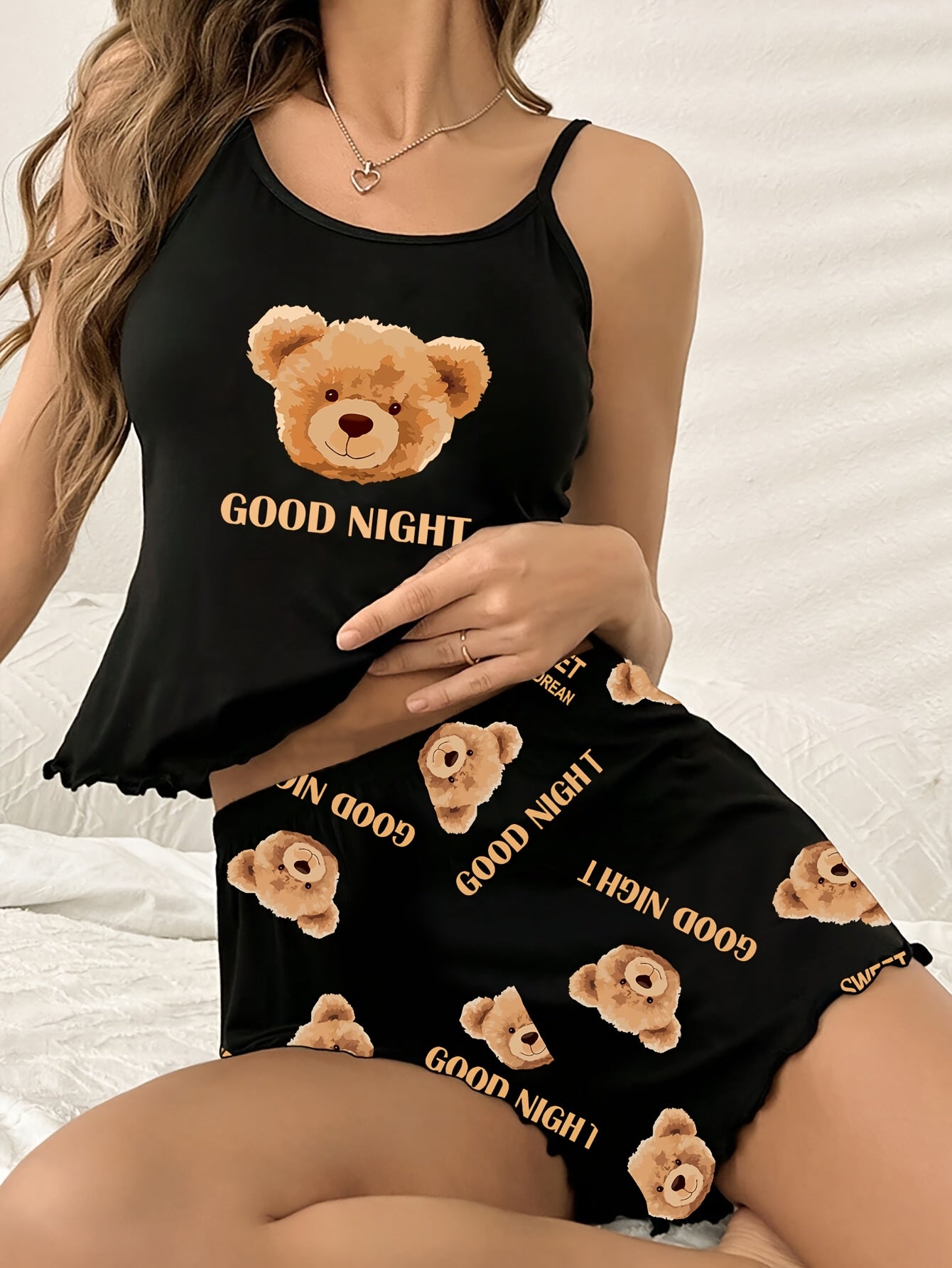 Adult Cartoon Teddy Bear Pajama Set with "Good Night" Lettering Polyester Knit All-Season