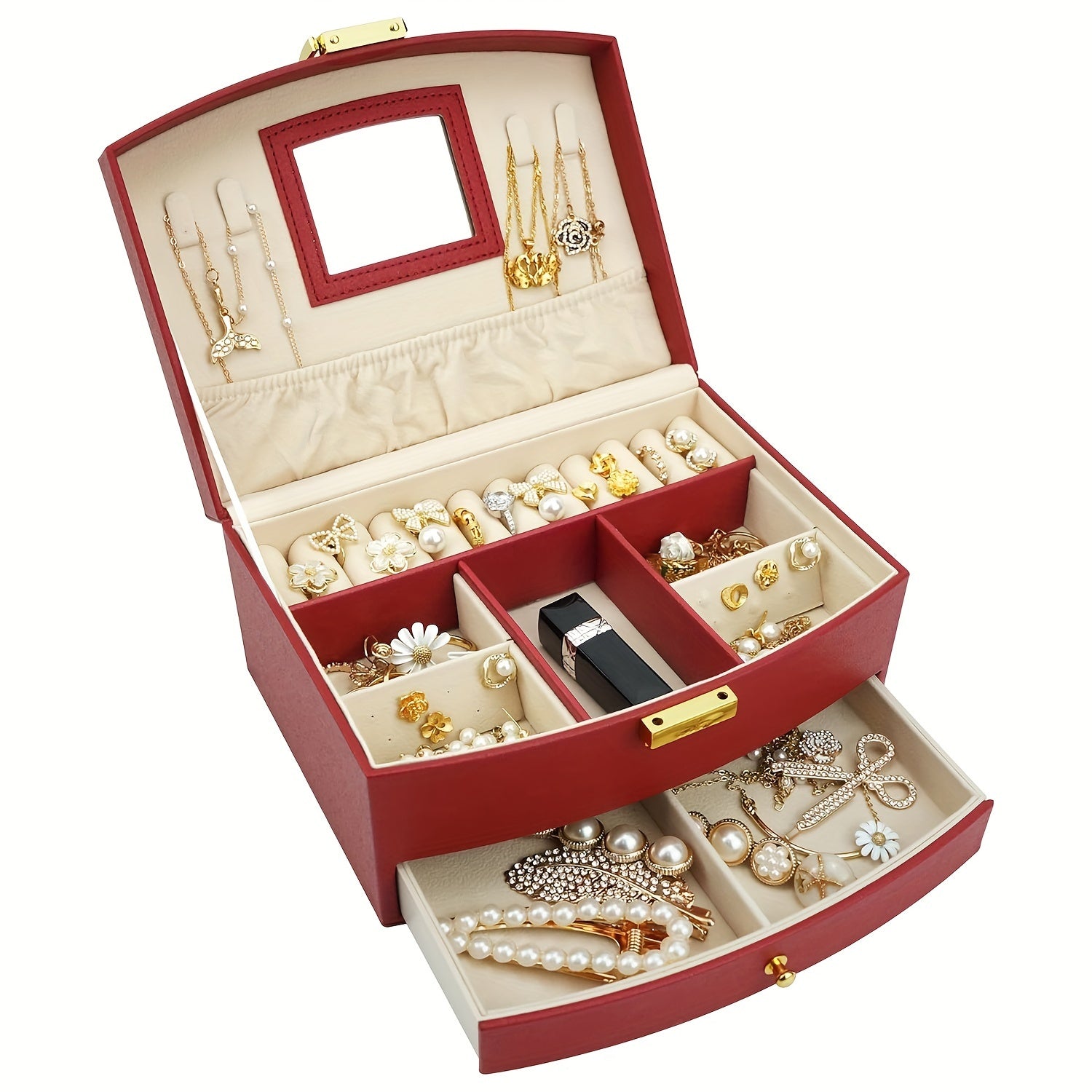 Ko‘p bo‘limli va zipli yopilishi bilan sun’iy charmli zargarlik buyumlarini tashkil etuvchi quti